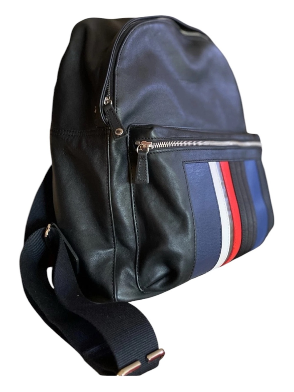 NWT Men's Black Leather Patchwork Backpack with Tricolor Stripe